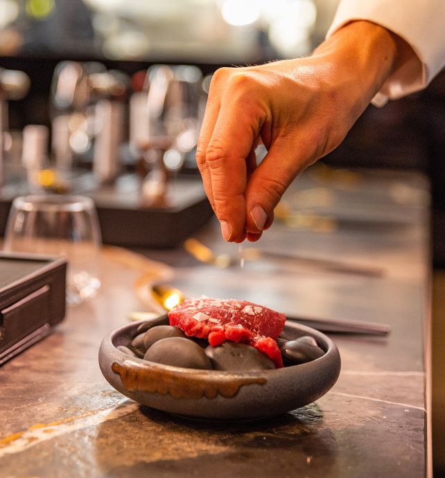 Salt being sprinkled on a meat dish